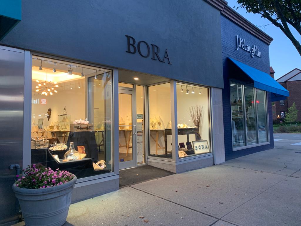 BORA jewelry boutique in Providence, RI at dusk